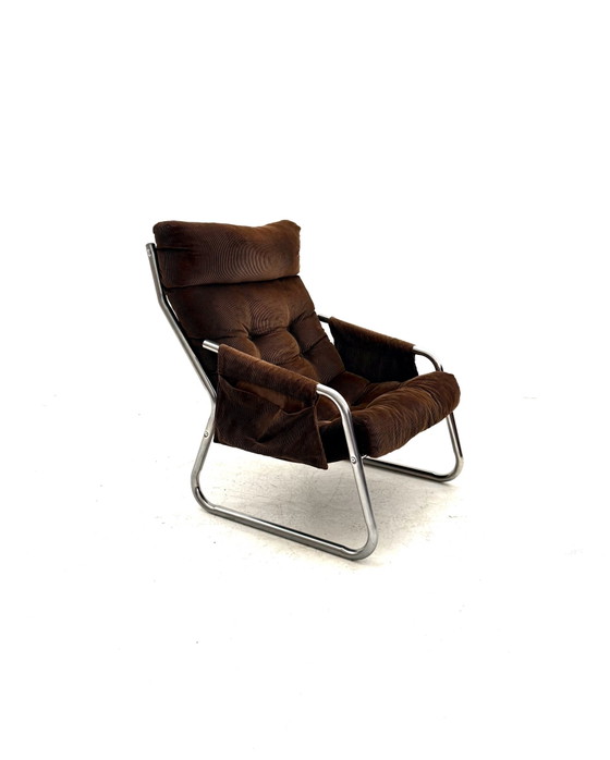 Vintage buisframe fauteuil, Gillie Lundgren, Ikea ‘70, Chroom, Textiel, Bruin (foto 10 van 10)