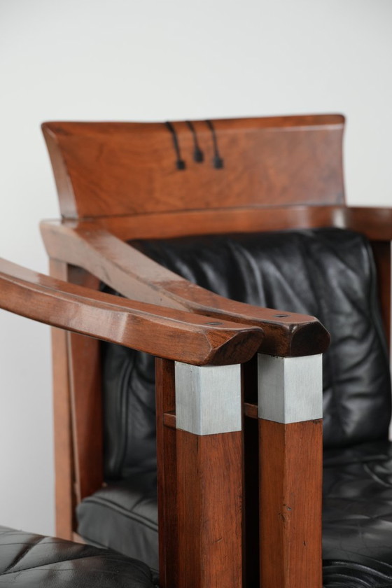 Image 1 of Ensemble de 4 chaises de salle à manger de luxe en cuir noir, design Art déco, par Schuitema