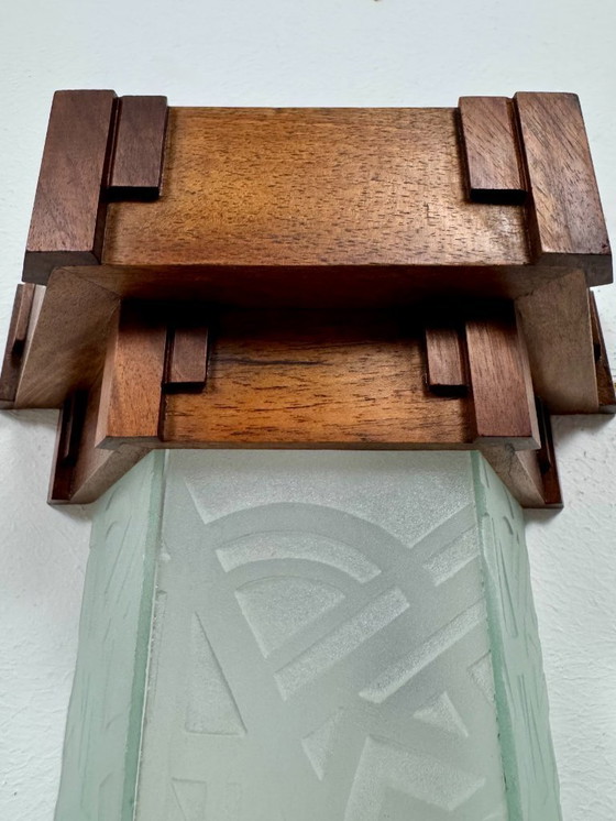 Image 1 of Vintage modernist art deco wall sconce, oak and frosted glass, France, 1930