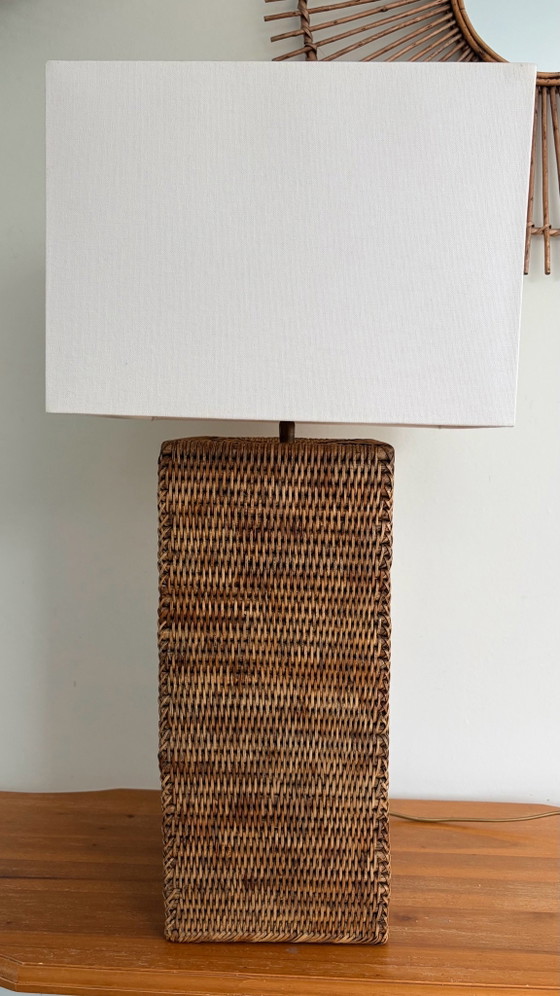 XXL Vintage Birman Osier & Rotin Colonne Lampe, Textile, Beige (photo 9 sur 15)
