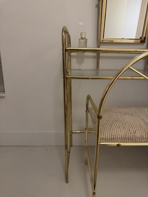 Coiffeuse vintage en laiton de style Hollywood Regency avec miroir et tabouret