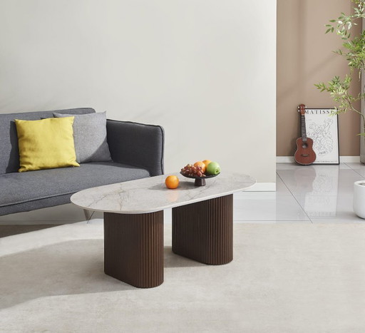 Tavolino da caffè di design ROXY - Ceramica grigio Shakespeare e gambe in noce - 120x60cm