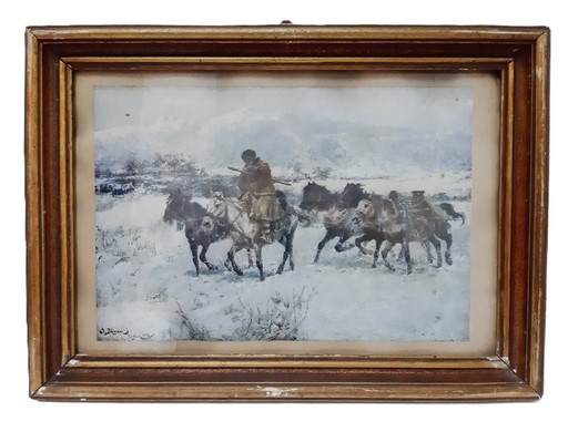 Antique framed woodprint, horses in winter