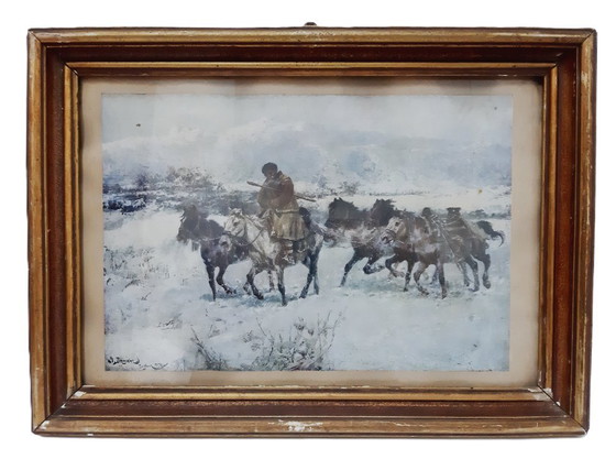Image 1 of Stampa antica in legno con cornice, cavalli in inverno