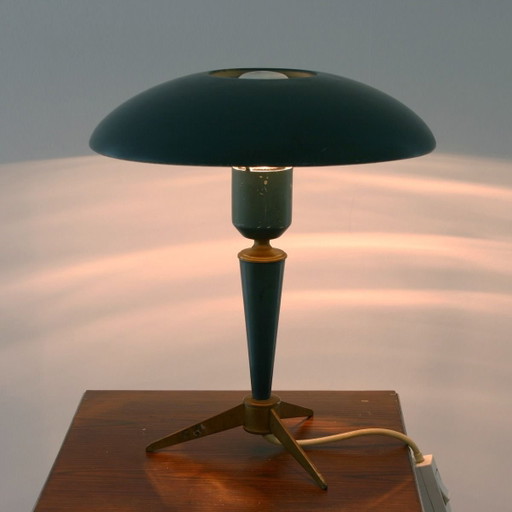 Lampada da tavolo Louis Kalff per Philips 'Bijoo Tripod UFO', Paesi Bassi 1958, verde petrolio