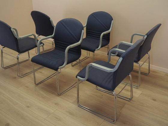 Set di sei sedie con braccioli, rivestimento blu, design moderno italiano, anni '90 – Sedie da pranzo (photo 14 of 15)