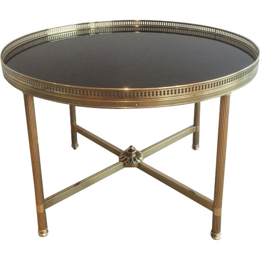 Mesa de centro redonda vintage de latón y cristal lacado negro para Maison Jansen, Francia, 1940