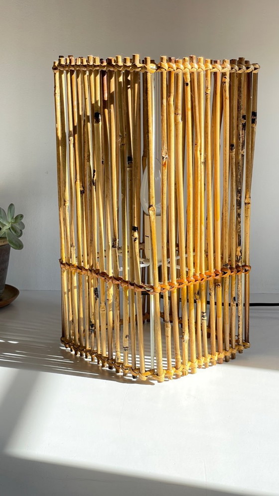 Image 1 of LAMP Cube Wood and Wicker VINTAGE