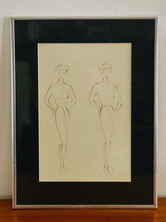 Image 1 of Schizzi a matita vintage, firmati e incorniciati, di Berthe Duquaine, del 1951.