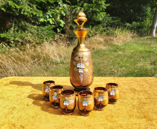 Juego de Licor Vintage Veneciano Murano "Tre Fuochi" de Cristal Ámbar con Decantador | Oro 24k