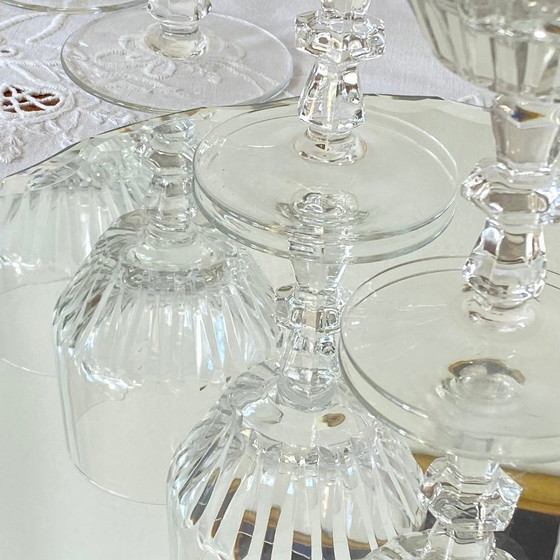 Image 1 of 6 antique carved stemmed glasses, wine or water glasses