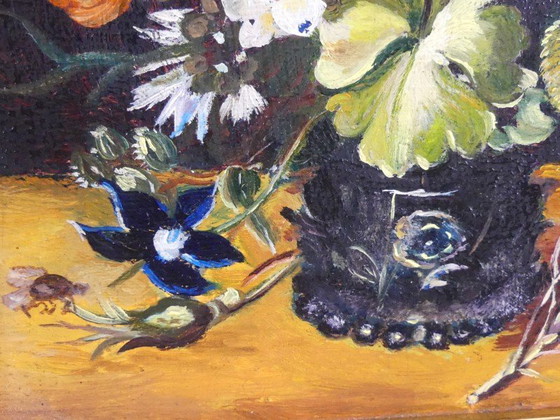 Image 1 of Nature morte aux fleurs – huile sur panneau – signée PvH – cadre doré de V. Dechamps – Habelange (Liège)