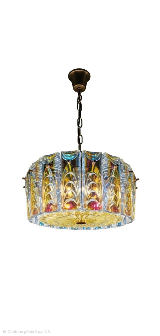 Lampadario vintage 1970 in ottone e vetro iridescente – Diametro 37 cm