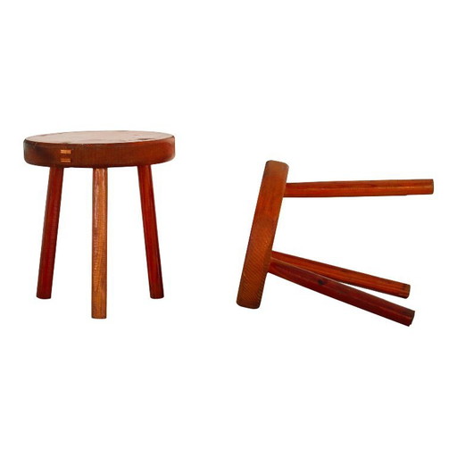 2x fir wood stools in the style of the "Méribel" model by Charlotte Perriand, Italy, 1960s