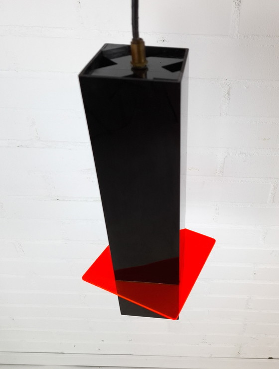Image 1 of Vintage pendant lamp 1970s black & neon orange/red plastic