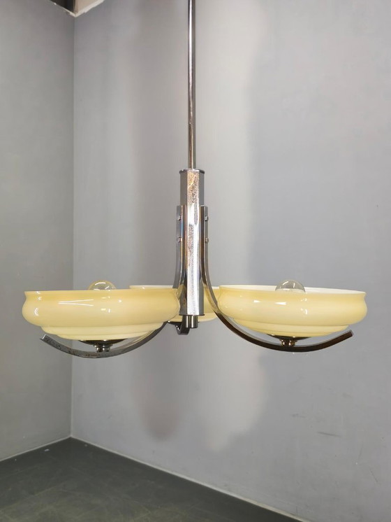 Image 1 of Art Deco Chandelier with Champagne Glass Shades, Czechoslovakia 1930s