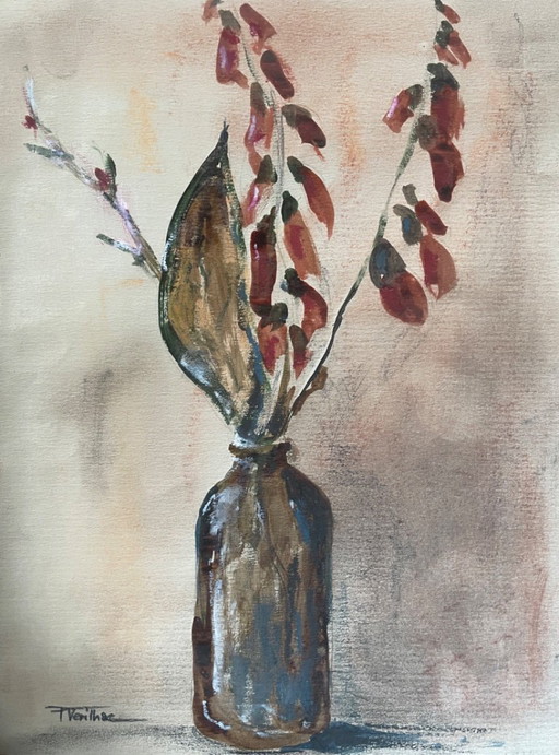 Watercolor and pastel still life painting "Vase of Dried Flowers"