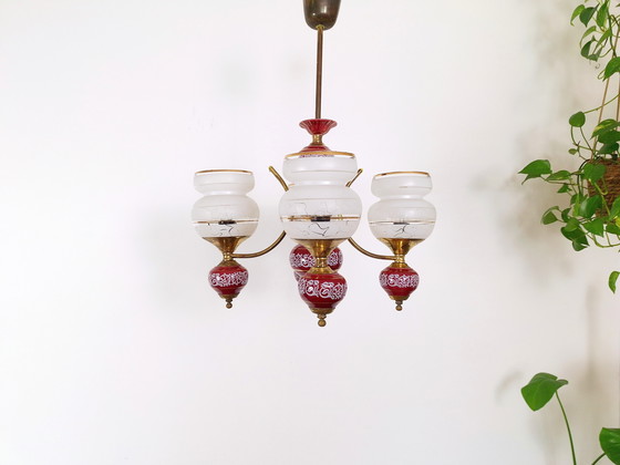 Image 1 of Vintage kroonluchter, 4 Arm Messing Keramiek en Glas Plafondlamp, Vintage Licht Armatuur, 70s Hanglamp, Mid Century Modern Lam