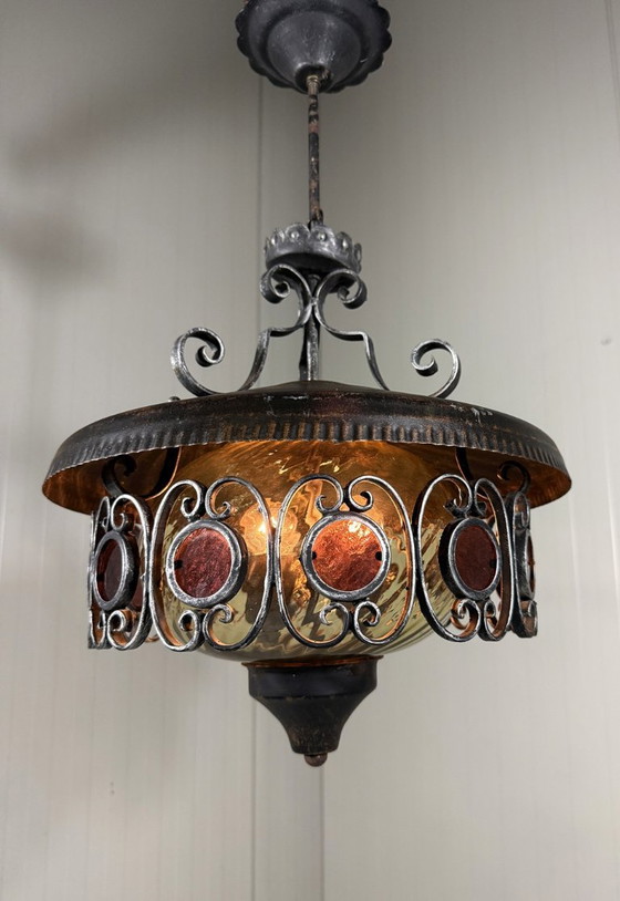Brutalist iron and glass Pendant lamp 1960s, Metal, Brown, Vintage (photo 8 of 11)