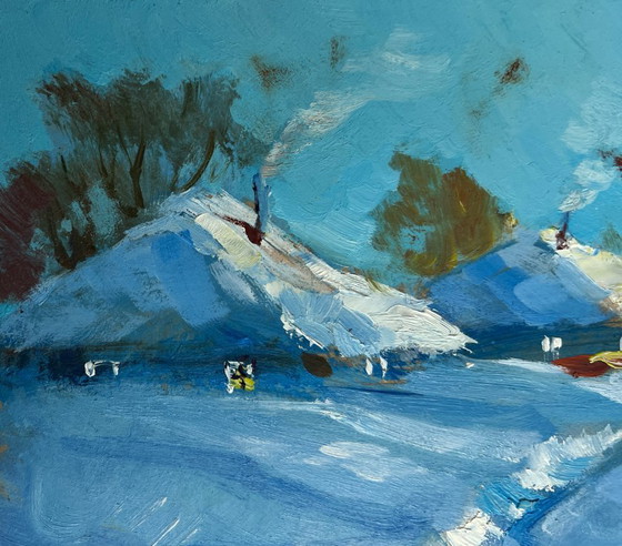 Image 1 of Origineel olieverfschilderij: Winterdorplandschap met een pad door de sneeuw.