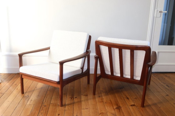 Paire de fauteuils scandinaves vintage teck 1960, Roche Bobois, Bois, Textile, Marron, Mid Century Modern (photo 4 sur 13)