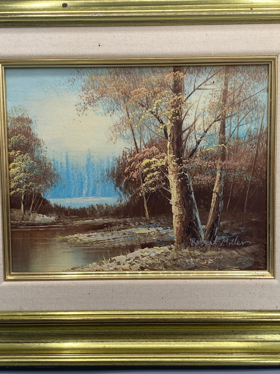 Oil on canvas signed Robert Miller, woodland river landscape, 20th century – Decorative Objects, Textile (photo 2 of 9)