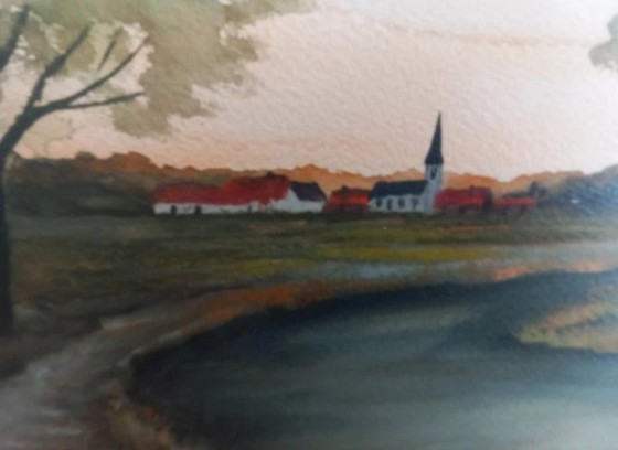 Image 1 of Aquarelle Flamande "Soirée d'Été" - Walter LAMON - 1982 - Cadre Alu Vintage