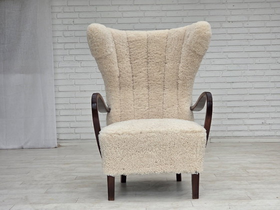 1960s, Danish high-back armchair, genuine sheepskin, reupholstered. – Wood (photo 19 of 22)