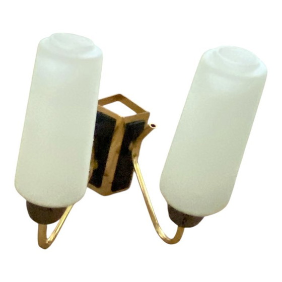 Double Corner Wall Sconce 1950s-1960s Gold Metal and White Opaline Glass Shades – Wall lights (photo 9 of 9)