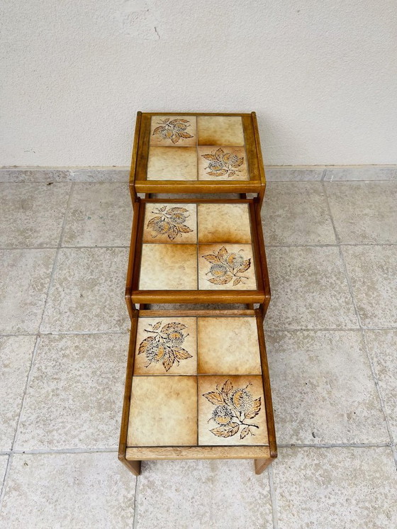 Image 1 of Set of 3 vintage nesting coffee tables in teak and earthenware, 1960