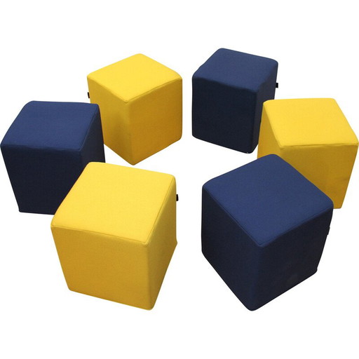 Ensemble de 6 poufs vintage en tissu bleu et jaune pour Softline