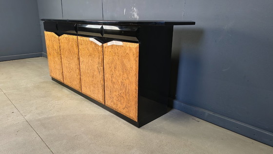 Image 1 of Vintage lacquer and burl wood credenza, 1980s