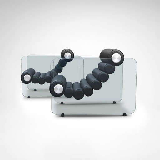 Hyaline leather and glass armchair by Fabio Lenci for Comfortline Italy 1960s, set of 2