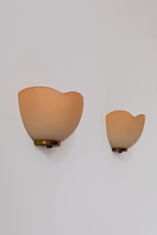 Pair of vintage brass and orange glass Wall lights, France 1970