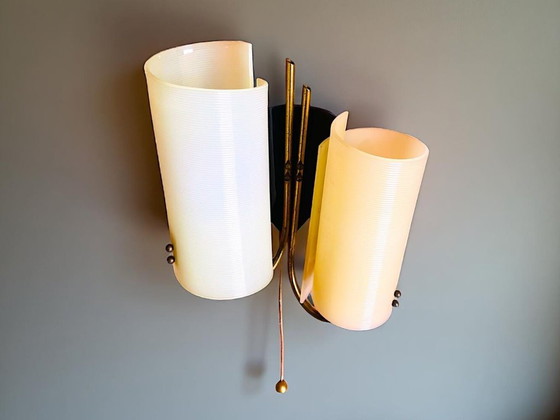 Image 1 of Applique a doppia luce beige e verde di metà secolo moderno con cavo di trazione, anni '70