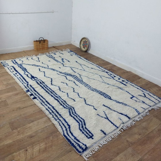 Image 1 of Large Handmade Berber Rug | Moroccan Cream Wool Rug with Blue Patterns