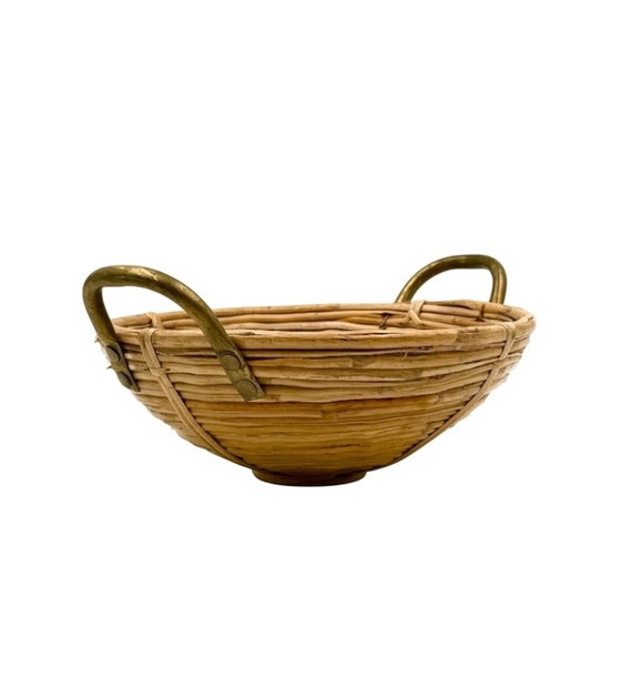 Mid-century set of 3 brass and wicker bowls, Italy ca. 1970, Decorative Objects, Rattan, Brown, Vintage (photo 10 of 10)