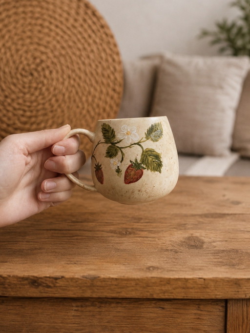 Mug fraise unique peint à la main par J&S (neuf)