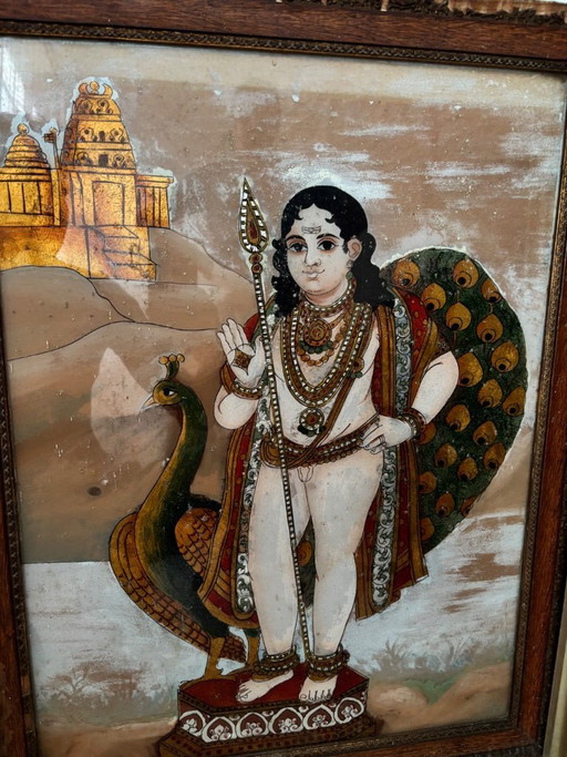 PINTURA SOBRE VIDRIO AL REVÉS QUE REPRESENTA A MURUGAN, TANJORE (THANJAVUR), SUR DE LA INDIA, CIRCA 1900