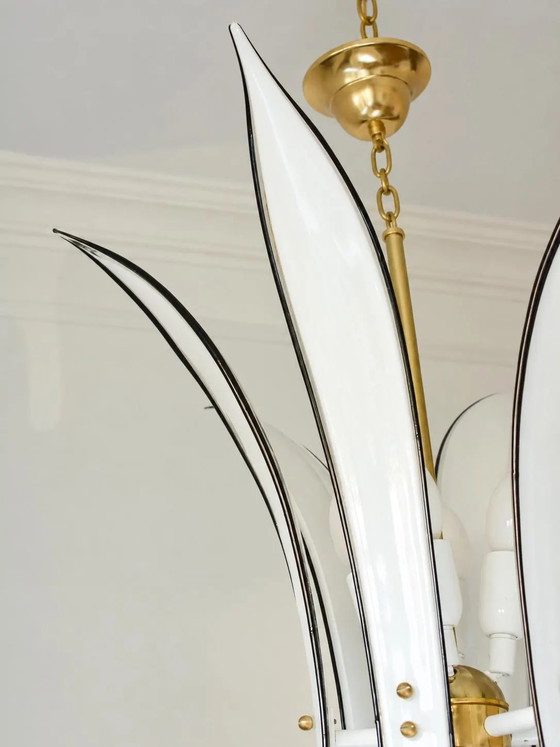 Echte Vistosi Palms Murano Glazen Kroonluchter, Jaren 70 Italiaans Messing, 6 Bladeren, 4 Lichten – Metal (photo 5 of 10)