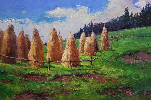 Original Oil Painting Summer Nature Landscape Haystacks in the Mountains – schilderijen tekeningen, Canvas