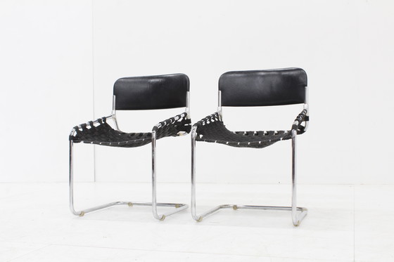 Image 1 of Vintage Italiaanse stoelen zwart leer en chroom, jaren 70
