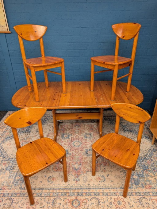 Vintage pine dining table with four chairs, 1970s