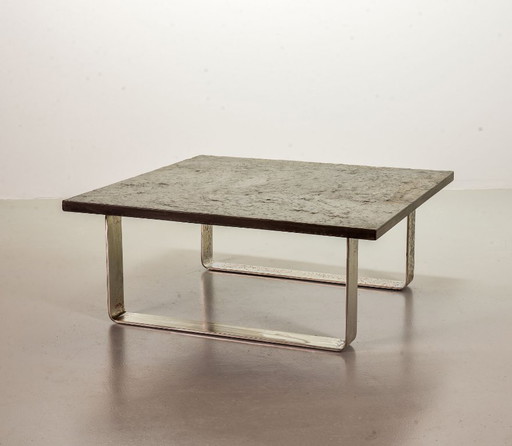 Mid-Century Ardesia Collection Brutalist Square Slate Stone Coffee Table in Pia Manu Style. Belgium, 1960s.