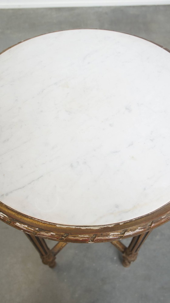 Image 1 of Antique French round gold side table with a marble top