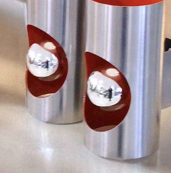 Image 1 of Pair of Orange Space Age UFO Vintage Wall Lamps - Brushed Aluminium - 1970s