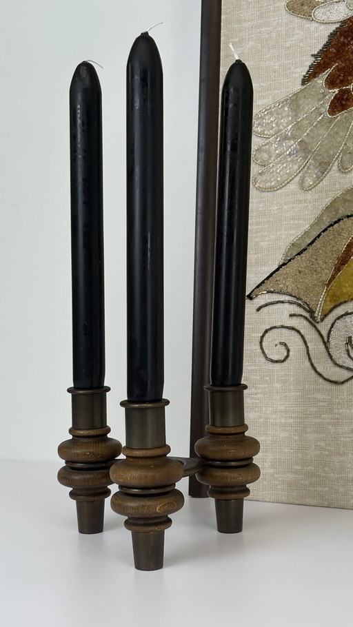Vintage Brutalist / Japandi wood solid metal candelabra