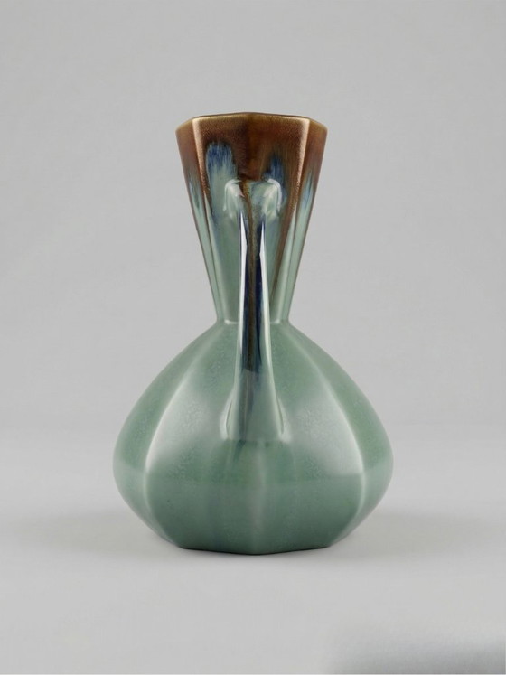 Image 1 of Art Deco vaas – De Bruyn Pottery – Frankrijk – Groen & bruin gegoten glazuur – 19 cm