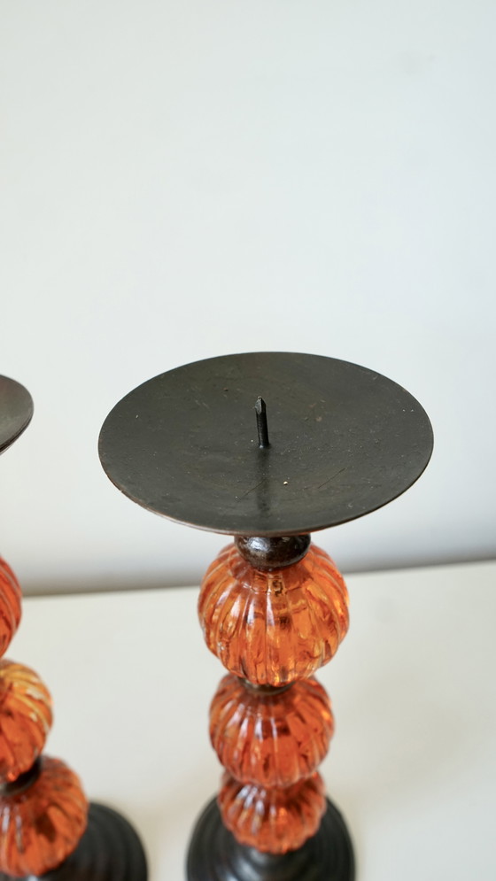 Image 1 of Pair of vintage candlesticks in metal and orange blown glass - 70s style
