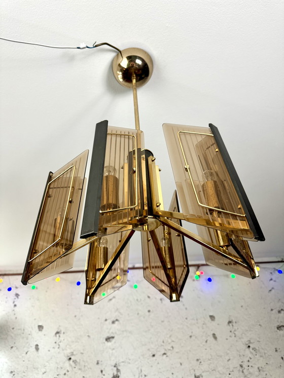 Image 1 of Massive Vintage Design Brass Chandelier With Etched Glass